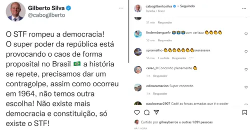 
				
					Cabo Gilberto diz que redes sociais derrubaram postagens com defesa ao golpe militar e ataques ao STF
				
				