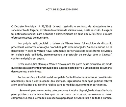 
				
					Prefeitura de Santa Rita vai entrar na Justiça para garantir manutenção do abastecimento de água em Várzea Nova
				
				