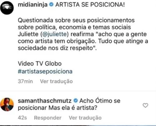 
				
					Atriz Samantha Schmutz questiona se Juliette Freire é artista e causa polêmica na internet
				
				