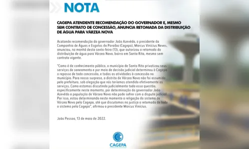 
				
					Prefeitura de Santa Rita vai entrar na Justiça para garantir manutenção do abastecimento de água em Várzea Nova
				
				