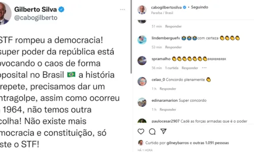 
                                        
                                            Cabo Gilberto diz que redes sociais derrubaram postagens com defesa ao golpe militar e ataques ao STF
                                        
                                        