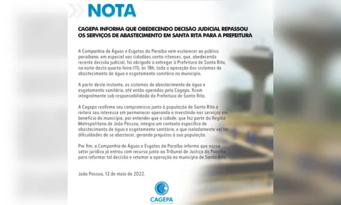 
				
					Prefeitura de Santa Rita acusa Cagepa de 'inoperância' e privatiza gestão de água e esgoto
				
				
