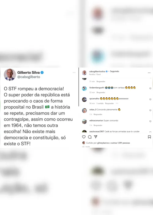 
                                        
                                            Cabo Gilberto diz que redes sociais derrubaram postagens com defesa ao golpe militar e ataques ao STF
                                        
                                        