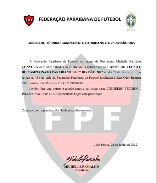 
				
					FPF-PB convoca os 10 clubes participantes para conselho técnico da 2ª divisão do Paraibano
				
				