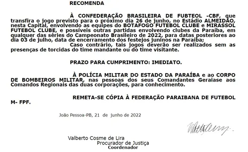 
				
					Ministério Público recomenda que clubes paraibanos joguem após o dia 3 na Paraíba ou sem torcida nos estádios
				
				