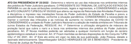 
				
					TJ volta a exigir uso obrigatório de máscaras no interior de fóruns da Paraíba
				
				