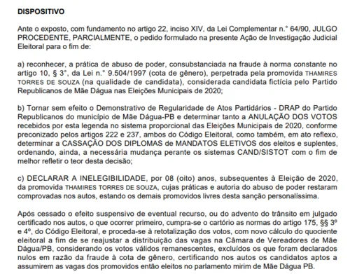 
				
					Fraude na cota de gênero: Justiça cassa mandatos de seis vereadores de Mãe D'Água
				
				