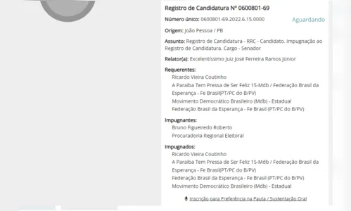 
				
					Registro de candidatura de Ricardo Coutinho é incluído na pauta de julgamento do TRE
				
				