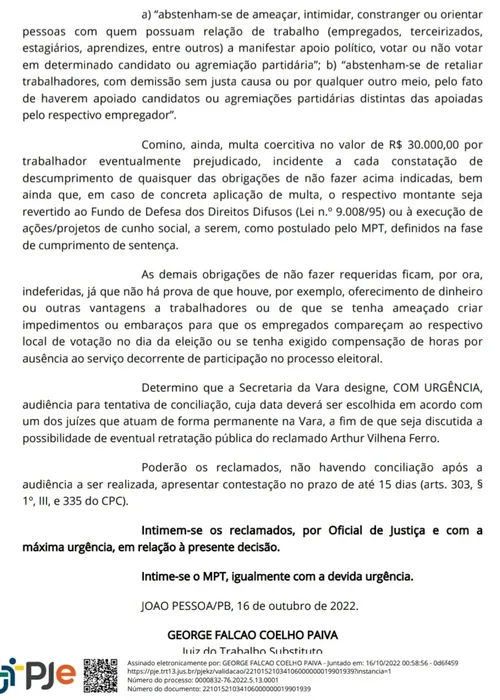 
				
					Assédio eleitoral: após pedido do MPT, Justiça do Trabalho "enquadra" empresário na Paraíba
				
				