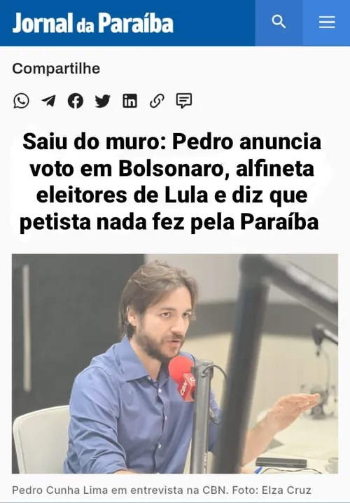 
				
					É FAKE 'print' com marca do Jornal da Paraíba que traz Pedro anunciando voto para Bolsonaro
				
				