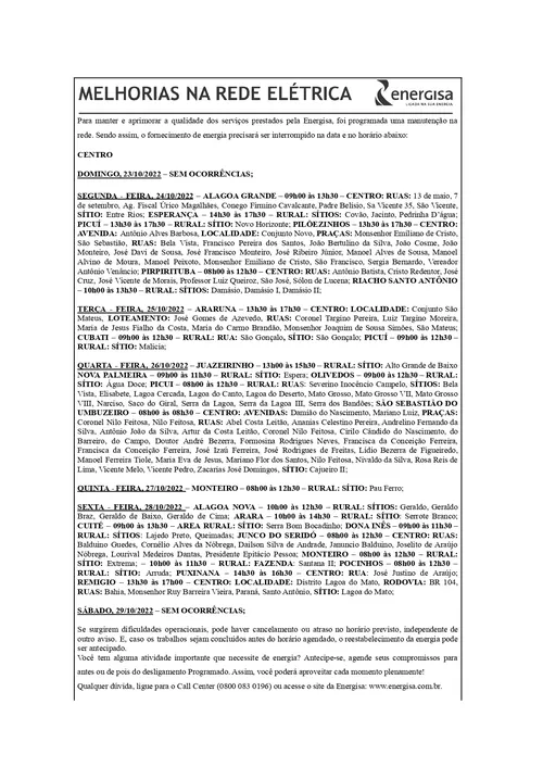 
				
					EDITAL DA ENERGISA “AVISO DE DESLIGAMENTO PROGRAMADO PARA MELHORIA DA REDE ELÉTRICA”
				
				