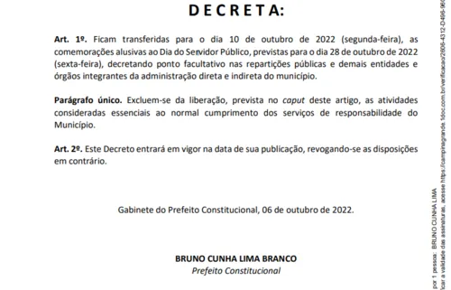 
				
					Prefeitura antecipa Dia do Servidor e Campina Grande terá ponto facultativo na próxima segunda
				
				