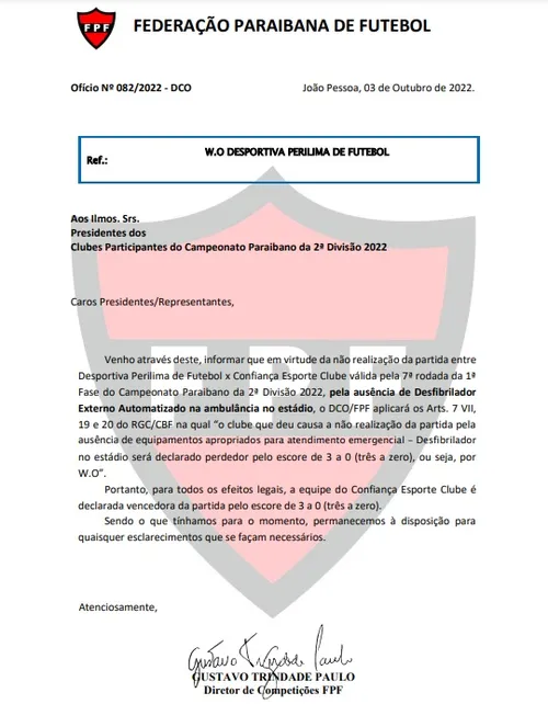 
				
					Confiança-PB garante liderança do Grupo A da 2ª divisão após vitória por WO sobre a Perilima
				
				