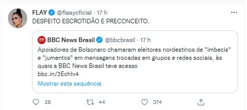 
				
					Juliette e Flay criticam comentários ofensivos sobre o Nordeste após 1º turno
				
				