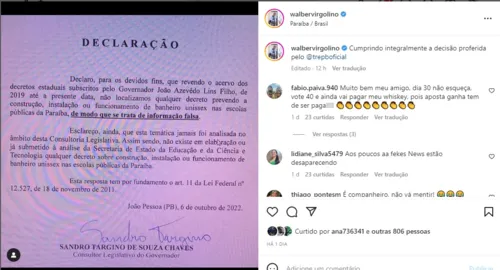 
				
					Direito de resposta: Wallber posta documento que comprova que publicou "fake news" contra governador
				
				