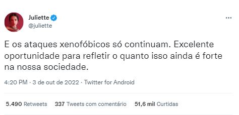 
				
					Juliette e Flay criticam comentários ofensivos sobre o Nordeste após 1º turno
				
				