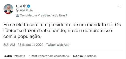 
				
					A 4 dias da eleição, Lula reitera que não disputará reeleição se vencer
				
				