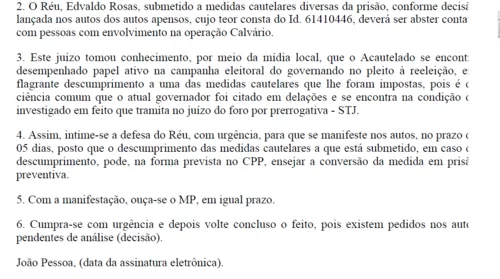 
				
					Juiz pede explicações a Edvaldo Rosas sobre possível participação dele na campanha de João Azevêdo
				
				