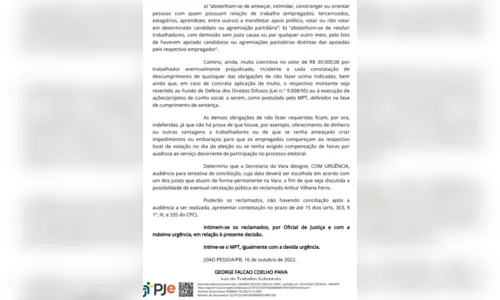 
				
					Assédio eleitoral: após pedido do MPT, Justiça do Trabalho "enquadra" empresário na Paraíba
				
				