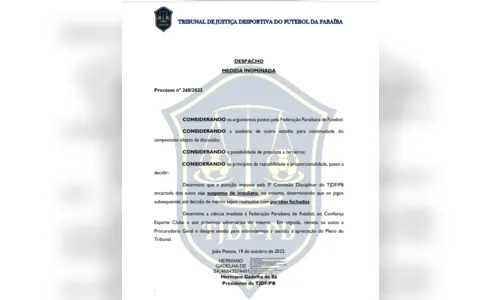 
				
					Confiança-PB entra com pedido de efeito suspensivo por punição sobre jogos sem torcida
				
				