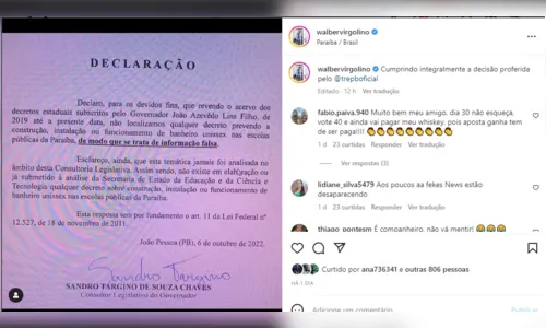 
				
					Direito de resposta: Wallber posta documento que comprova que publicou "fake news" contra governador
				
				