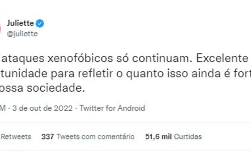 
				
					Juliette e Flay criticam comentários ofensivos sobre o Nordeste após 1º turno
				
				