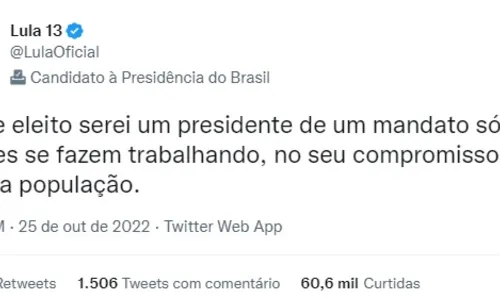 
				
					A 4 dias da eleição, Lula reitera que não disputará reeleição se vencer
				
				