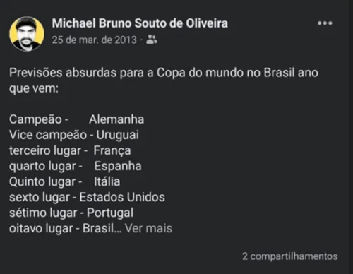 
				
					Copa do Mundo: 'vidente' paraibano acerta resultados de 2010, 2014 e 2018, e prevê hexa do Brasil em 2022
				
				