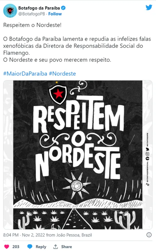 
				
					Botafogo-PB e Campinense saem em defesa dos nordestinos após fala de diretora do Flamengo
				
				