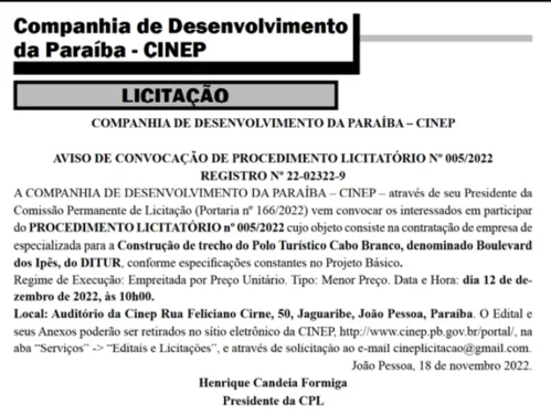 
				
					Governo inicia licitação para escolha de empresa que vai construir Boulevard dos Ipês, no Polo Turístico Cabo Branco
				
				