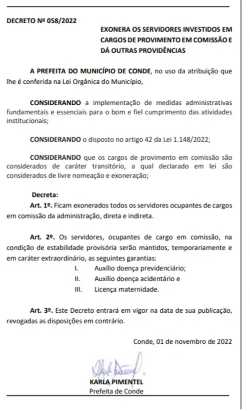 
				
					Prefeita de Conde exonera todos os servidores comissionados do munícipio
				
				