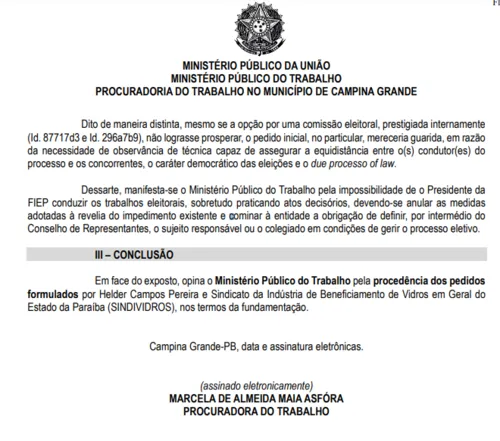 
				
					MPT opina por manter Buega Gadelha longe dos atos decisórios em eleição da FIEP
				
				