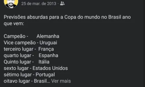 
				
					Copa do Mundo: 'vidente' paraibano acerta resultados de 2010, 2014 e 2018, e prevê hexa do Brasil em 2022
				
				