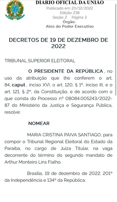 
				
					Maria Cristina Paiva Santiago é nomeada para vaga de juíza eleitoral no TRE da Paraíba
				
				