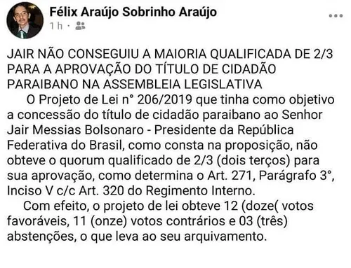 
				
					Entenda a polêmica sobre validade da aprovação do título de cidadão paraibano a Bolsonaro
				
				