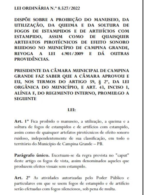 
				
					Após um ano da aprovação, Câmara promulga lei que proíbe fogos de artifício com barulho em Campina
				
				