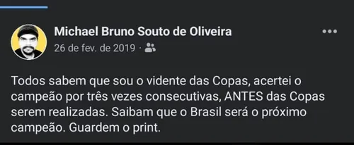 
				
					Copa do Mundo: 'vidente' paraibano acerta resultados de 2010, 2014 e 2018, e prevê hexa do Brasil em 2022
				
				