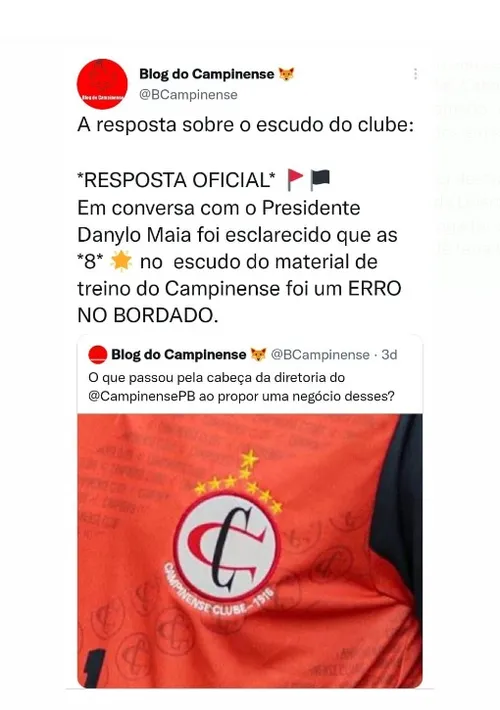 
				
					Campinense confirma que oitava estrela permanecerá na camisa de 2023
				
				