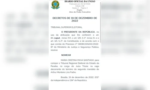 
				
					Maria Cristina Paiva Santiago é nomeada para vaga de juíza eleitoral no TRE da Paraíba
				
				