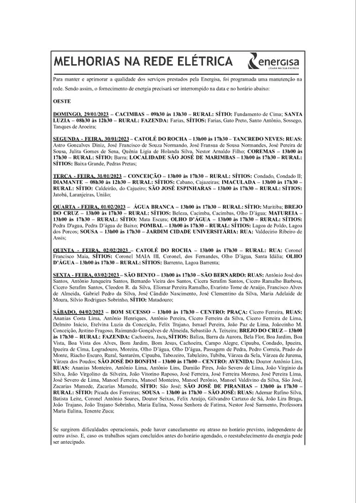 
				
					EDITAL DA ENERGISA “AVISO DE DESLIGAMENTO PROGRAMADO PARA MELHORIA DA REDE ELÉTRICA”
				
				