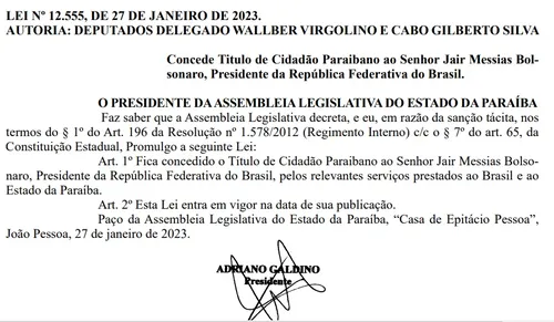 
				
					Título de Cidadão Paraibano para Bolsonaro é promulgado
				
				