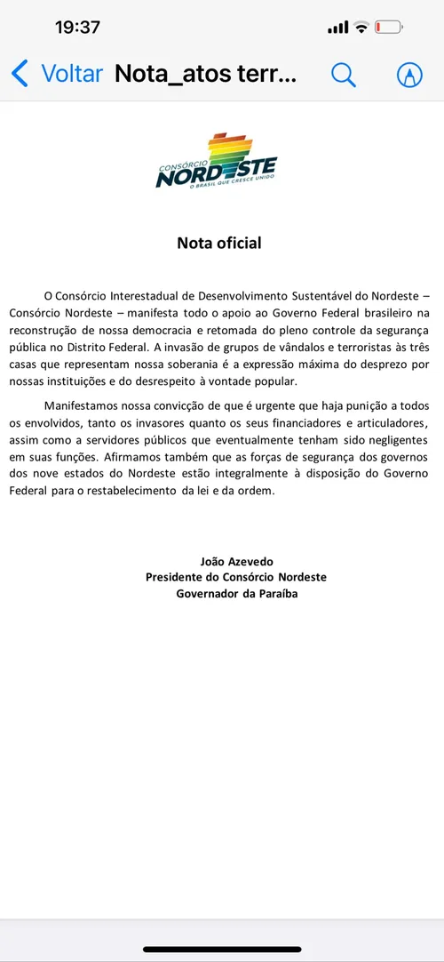 
				
					Consórcio Nordeste pede punição dos envolvidos nos atos terroristas, em Brasília
				
				