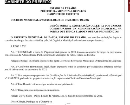 
				
					Prefeito de Patos exonera todos os comissionados e suspende contratos
				
				