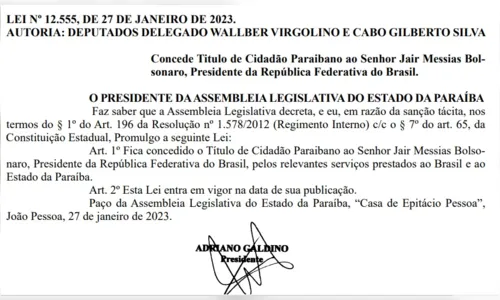 
				
					Título de Cidadão Paraibano para Bolsonaro é promulgado
				
				