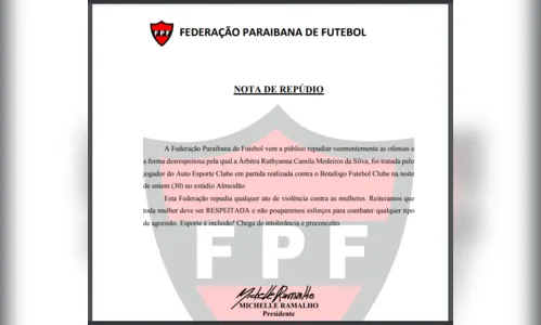 
				
					Federação e clubes repudiam ofensa de zagueiro do Auto Esporte-PB contra árbitra
				
				