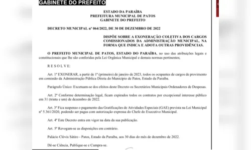 
				
					Prefeito de Patos exonera todos os comissionados e suspende contratos
				
				