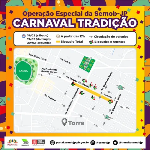 
				
					Veja esquema de trânsito e transporte para o Carnaval Tradição em João Pessoa
				
				