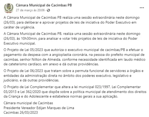 
				
					Vereadores de Cacimbas, no Sertão da Paraíba, aprovam lei para população "bancar" cirurgia de prefeito
				
				