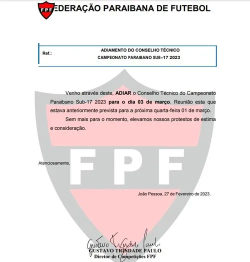 
				
					Paraibano Sub-17: FPF-PB remarca Conselho Técnico para próxima sexta-feira
				
				