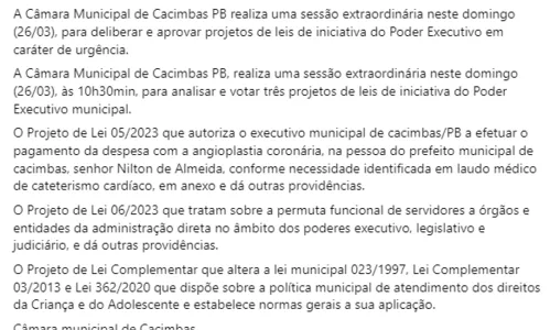 
				
					Vereadores de Cacimbas, no Sertão da Paraíba, aprovam lei para população "bancar" cirurgia de prefeito
				
				